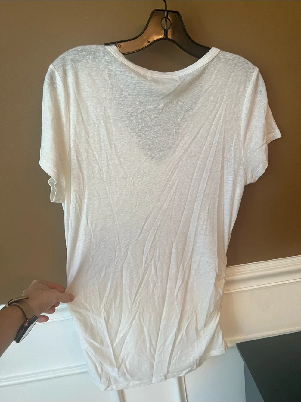 Michael Kors White V-Neck Linen Blend Short Sleeve Tee Ruched Size M Casual